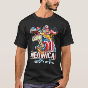 Meowica Cat Dinosaur American Cat Riding Dinosaur T-Shirt