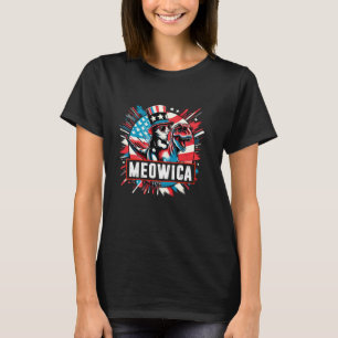 Meowica Cat Riding T Rex Dinosaur US Flag 4th Of J T-Shirt