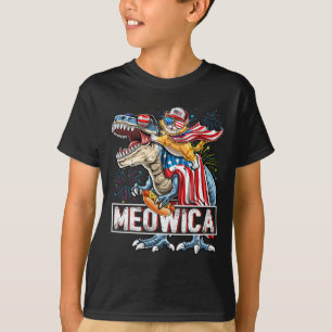 Meowica Cat T Rex Dinosaur 4th Of July American Fl T-Shirt