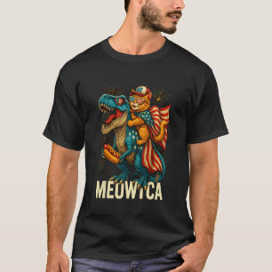 Meowica Cat T-rex Dinosaur 4th of July American Fl T-Shirt