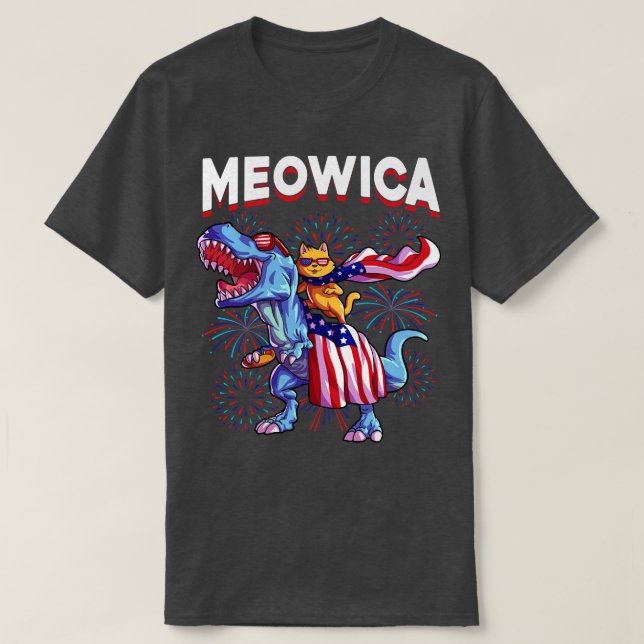 Meowica Cat TRex Funny 4th of July Kids Girls Meri T-Shirt (Design Front)