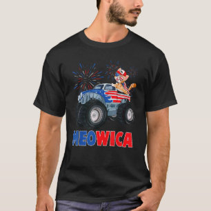 Meowica Cat With Monster Truck Usa Flag 4th Of Jul T-Shirt