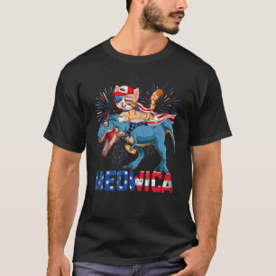 Meowica Cat With Rex Dinosaur Usa Flag 4th Of July T-Shirt