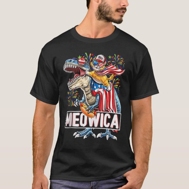 Meowica Dinosaur Cat 4th Of July  Boys Girls Ameri T-Shirt (Front)