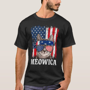 Meowica Patriotic Cat with American Flag and Sungl T-Shirt