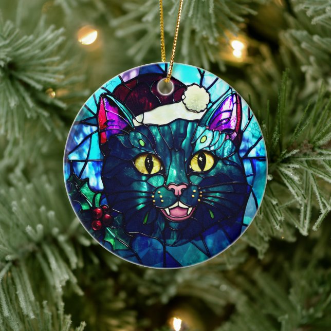 Meowing Stained-Glass Christmas Black Cat Ceramic Tree Decoration (Tree)