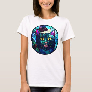 Meowing Stained-Glass Christmas Black Cat T-Shirt
