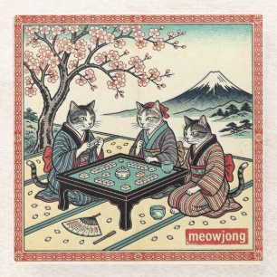 Meowjong Funny Japanese Ukiyo-e Cats Mahjong Glass Coaster