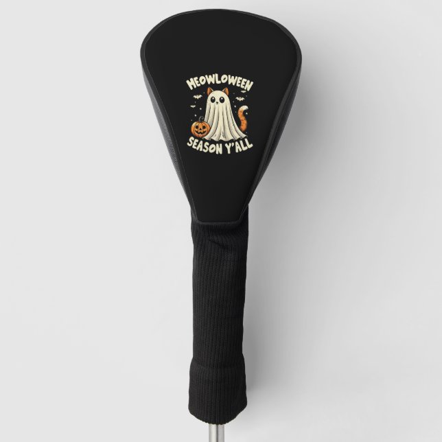 Meowlowween Season Y'all Funny Retro Cat Ghost Hal Golf Head Cover (Front)