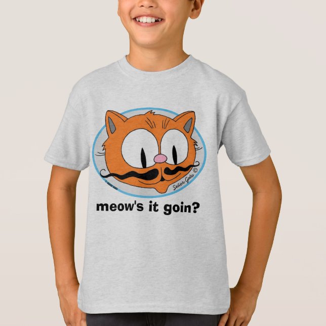 Meow's It Goin'? Funny Pun Moustache Cat T-Shirt (Front)
