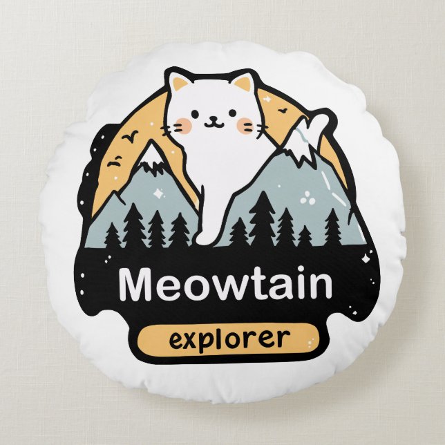 Meowtain Explorer – Cute Cat Adventure Design Round Cushion (Front)
