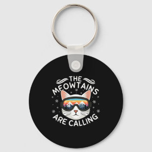 Meowtains Are Calling Funny Cat Skiing Retro Sunse Key Ring