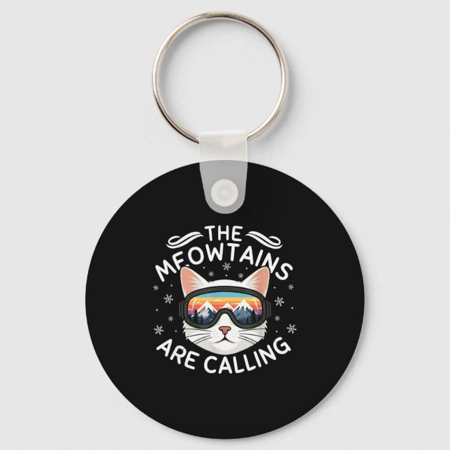 Meowtains Are Calling Funny Cat Skiing Retro Sunse Key Ring (Front)