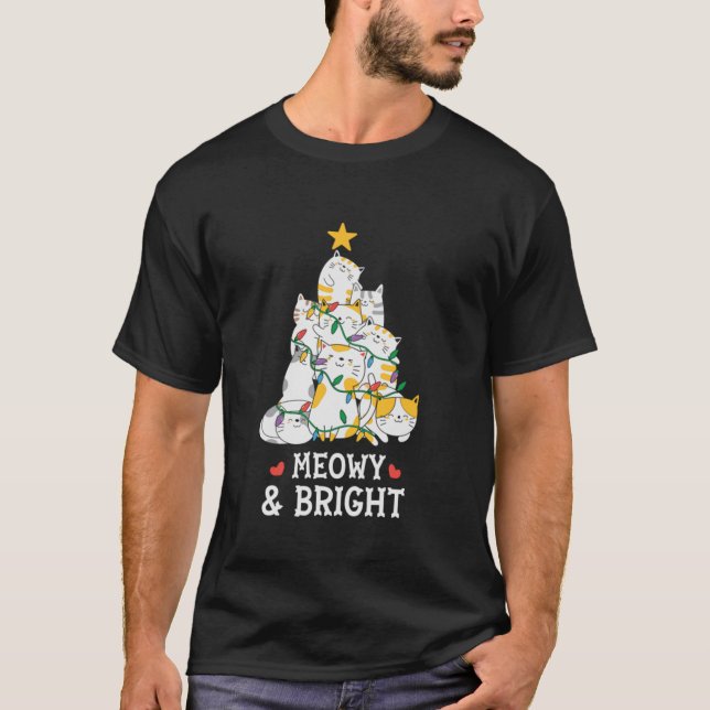 Meowy And Bright Cat Christmas Tree Girls Boys Fun T-Shirt (Front)