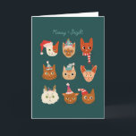 Meowy and Bright Christmas Cats Green  Holiday Card<br><div class="desc">Cute Christmas greeting card featuring a hand drawn illustration of various cats wearing holiday costumes. The text says "meowy   bright."</div>