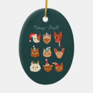 Meowy & Bright Green Christmas Cats Ceramic Tree Decoration