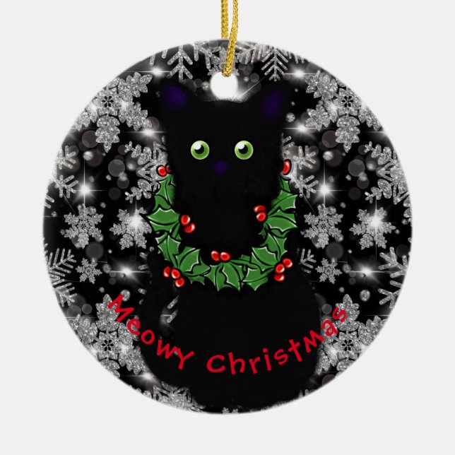 Meowy cat Christmas red green Holly wreath  Ceramic Tree Decoration (Front)