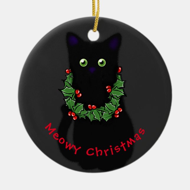 Meowy cat Christmas red green holly wreath Ceramic Tree Decoration (Front)
