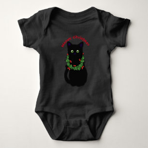 Meowy cat Christmas Red plaid holly berries Baby Bodysuit