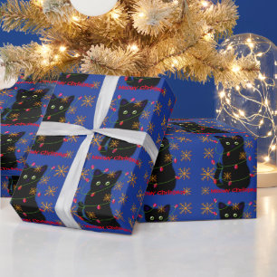 Meowy cat Christmas   sparkling  gold snowflakes Wrapping Paper