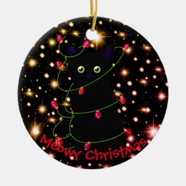 Meowy cat Christmas Twinkle lights Ceramic Tree Decoration (Front)