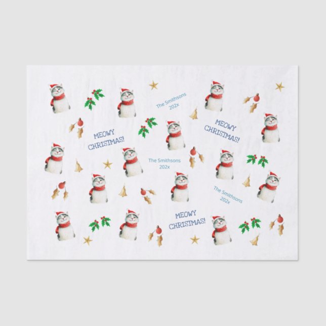 Meowy Cat Cute Personalised Christmas Tissue Paper (Front)
