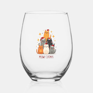 Meowy Catmas Cat Christmas Tree Xmas (1) Stemless Wine Glass