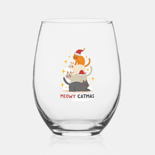 Meowy Catmas Cat Christmas Tree Xmas (2) Stemless Wine Glass