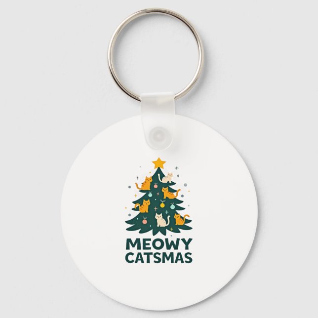 Meowy Catmas Cat Christmas Tree Xmas Funny Santa C Key Ring (Front)