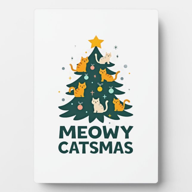Meowy Catmas Cat Christmas Tree Xmas Funny Santa C Plaque (Front)