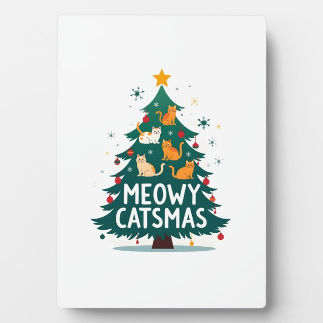 Meowy Catmas Cat Christmas Tree Xmas Funny Santa C Plaque (Front)