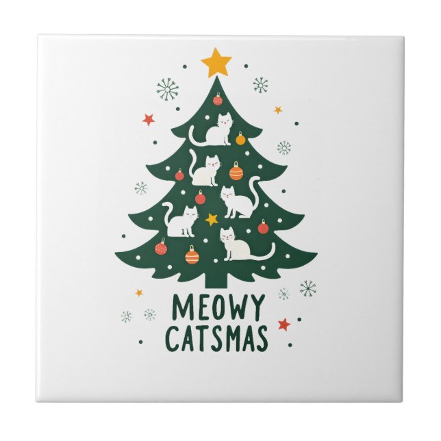 Meowy Catmas Cat Christmas Tree Xmas Funny Santa C Tile (Front)