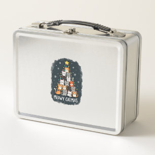 Meowy Catmas Cat Christmas Tree Xmas Girls Boys Fu Metal Lunch Box