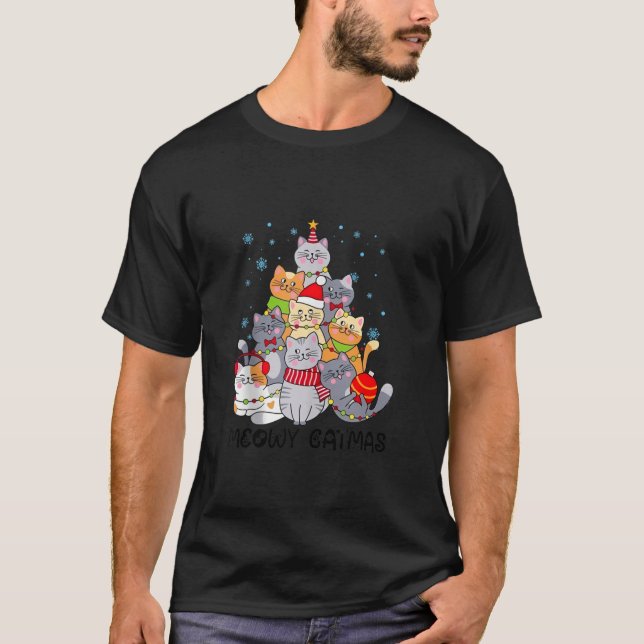 Meowy Catmas Cat Christmas Tree Xmas Girls Boys Fu T-Shirt (Front)