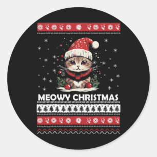 Meowy Catmas Cat Santa Christmas Kitten Xmas Ugly  Classic Round Sticker