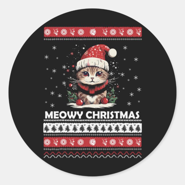 Meowy Catmas Cat Santa Christmas Kitten Xmas Ugly  Classic Round Sticker (Front)