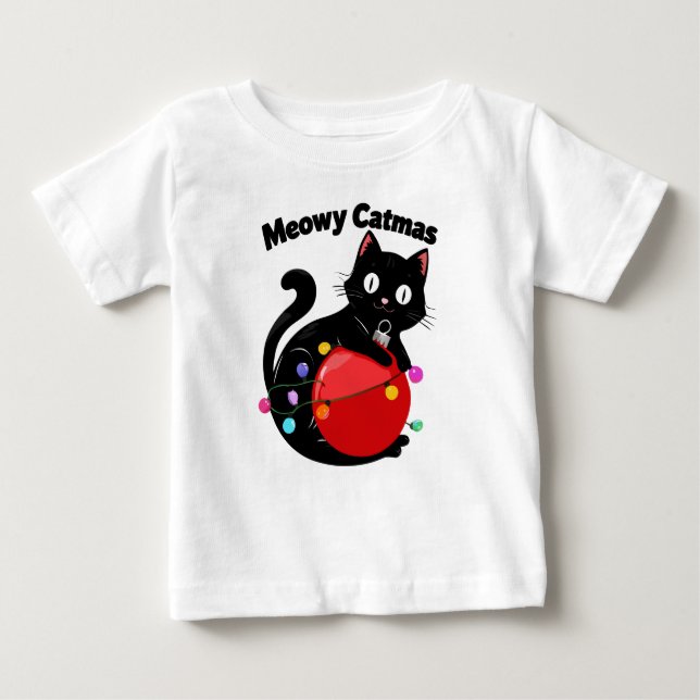 Meowy Catmas - Cat with Christmas ornament Baby T-Shirt (Front)