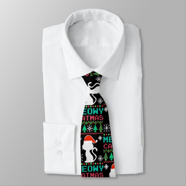 Meowy Catmas Christmas Santa Cat Ugly Sweater Tie (Tied)