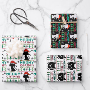 Meowy Catmas Christmas Santa Cat Ugly Sweater Wrapping Paper Sheet