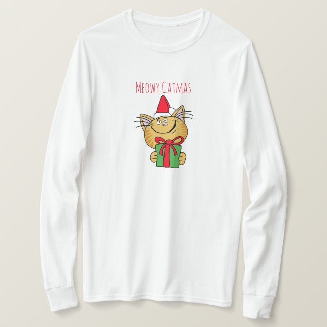 Meowy Catmas Funny Cat T-Shirt (Design Front)