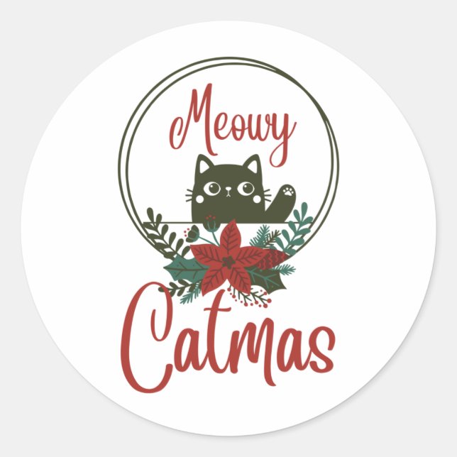 Meowy Catmas, Funny Christmas  Classic Round Sticker (Front)