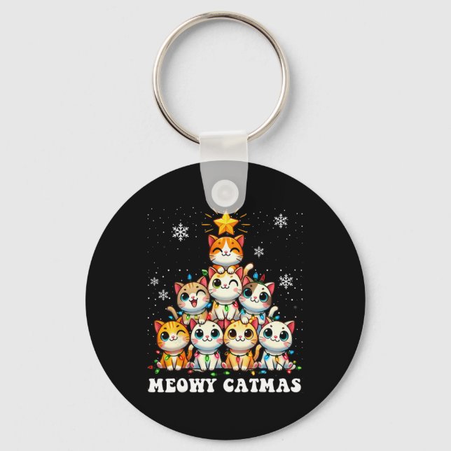 Meowy Catmas Funny Christmas Tree Lights Cute Cat  Key Ring (Front)