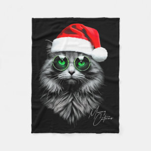 Meowy Catmas Funny Cool Xmas Cat Santa Hat Graphic Fleece Blanket