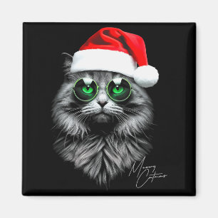 Meowy Catmas Funny Cool Xmas Cat Santa Hat Graphic Magnet
