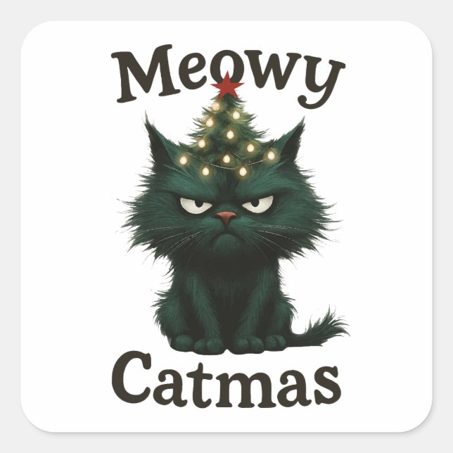 Meowy Catmas Moody cat Square Sticker (Front)