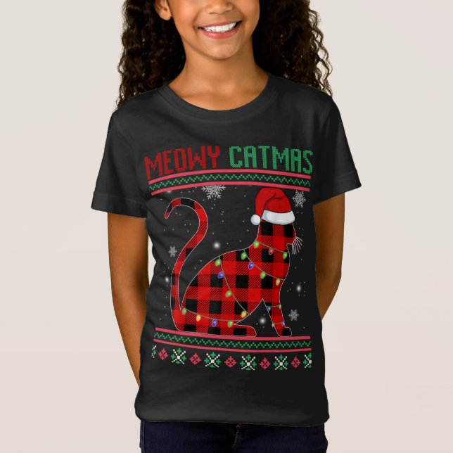 Meowy Catmas Plaid Cat Kitten Lover Ugly Christmas T-Shirt (Front)