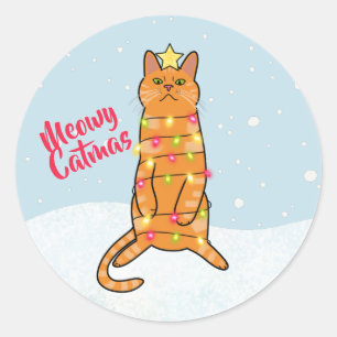 Meowy catmas pun funny cat Christmas lights flat Classic Round Sticker