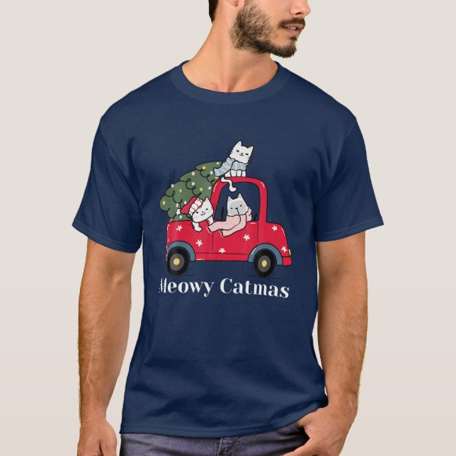 Meowy Catmas Red Truck Cat Christmas Pajama T-Shirt (Front)
