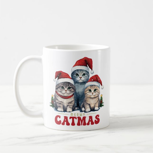Meowy CaTMas Three SMiling Cats Coffee Mug (Left)