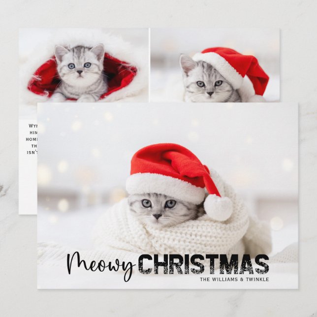 Meowy Christmas 3 Photo Cat Lover Pet Holiday Card (Front/Back)